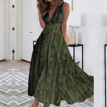Fashion Floral Printed V-neck Sleeveless Midi Dress