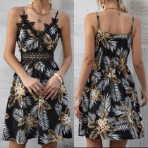 Fresh Style Floral Printed Lace Spliced V-neck High Waist Slip Dress