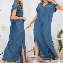 Fashion Stand Collar Buttoned Short Sleeve Slit Denim Dress