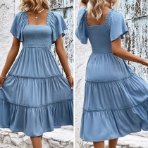 Fashion Smocked Bodice Solid Color Square Neck Short Sleeve Ruffled Tiered Dress