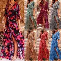 Bohemia Style Floral Printed V-neck Short Sleeve Slit Maxi Dress with Belt