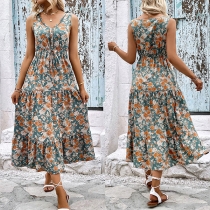 Fresh Style Floral Printed V-neck Sleeveless Midi Dress