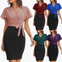 Fashion Contrast Color V-neck Short Sleeve Self-tie Bodycon Dress