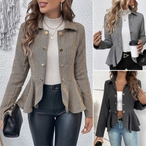 Fashion Stand Krage Långärmad Knäppt Volanger Hemline Blazer