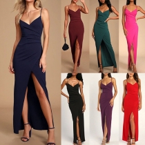 Sexy Solid Color Ruched V-neck Slit Slip Party Dress