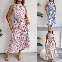 Fashion Floral Printed Halterneck Backless Drawstring Midi Dress