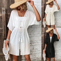 Casual Solid Color Short Sleeve Drawstring Cardigan