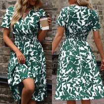 Fashion Floral Printed V-neck Short Sleeve Smocked Waist Dress