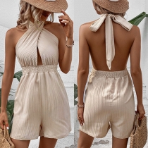 Street Fashion Solid Color Halter Neck Backless Smocked Waist Romper