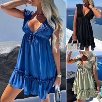 Fashion Solid Color V-neck Sleeveless Ruffled Dress