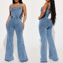 Street Fashion Old-washed Buttoned Wide-leg Denim Jumpsuit