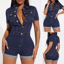 Street Fashion Buttoned Stand Collar Short Sleeve Denim Romper