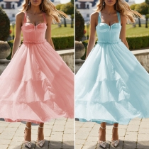 Fashion Solid Color Gauze Spliced Lace-up Tiered Party Dress