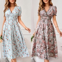 Fashion Floral Printed V-neck Short Sleeve High Waist Midi Dress