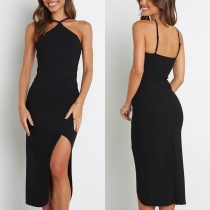 Sexy Solid Color Halterneck Backless Slit Dress