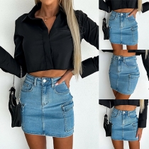 Street Fashion Side Patch Pockets Denim Skirt