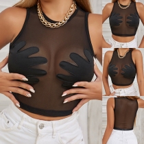 Sexy Semi-through Gauze Hand Pattern Round Neck Sleeveless Crop Top