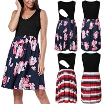 Fashion Contrast Color Floral Printed Round Neck Sleeveless Maternity Dress