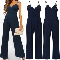 Mode Enfärgad Ruched V-ringad Hög upphöjd Cami Jumpsuit med vida ben