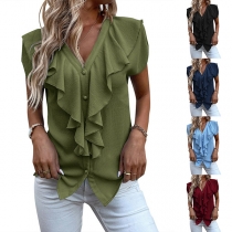 Fashion Ruffled V-neck Short Sleeve Buttoned Chiffon Shirt