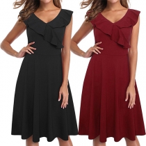 Fashion Solid Color Ruffled V-neck Sleeveless Dress