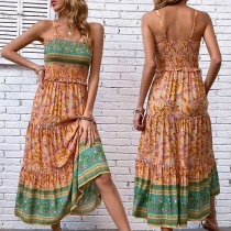 Boho Style Floral Printed Smocked Slip Dress