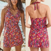 Mode blommig tryckt baddräkt Set består av Halter Neck simskjorta och simning kjol
