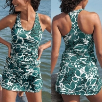 Vintage Floral Printed Swimming Set Consist of Racerback Swimming Shirt and Swimming Skirt