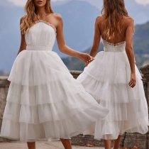 Fashion Lace Spliced Halterneck Backless Tiered Dress