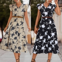 Fashion Printed V-neck Short Sleeve Midi Dress