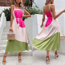 Street Fashion Contrast Color Self-tie Midi Dress