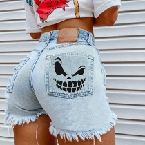 Street Fashion Skull Printed Frayed Denim Shorts