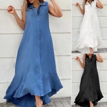 Fashion Solid Color Button Stand Collar Sleeveless Irregular Hemline Maxi Dress