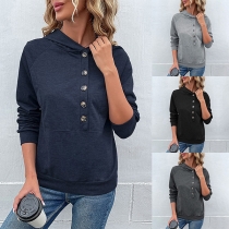 Street Fashion Solid Color Buttoned Long Sleeve Hooded Sweatshirt