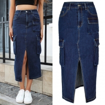 Fashion Multi-pockets Side Patch Pockets Slit Denim Skirt