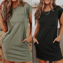Fashion Solid Color Round Neck Short Sleeve Side Pockets Shirt Dress