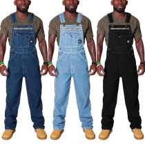 Street Fashion Old Wash Dragkedja Hängselbyxor – Denim Jumpsuit för män