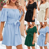 Fashion Solid Color Square Neck Short Sleeve Self-tie Mini Dress