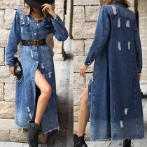 Street Fashion Old-washed Distressed Frayed Hemline Denim Dress