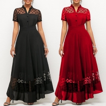 Elegant Dot Printed Gauze Spliced Buttoned V-neck Short Sleeve Maxi Dress