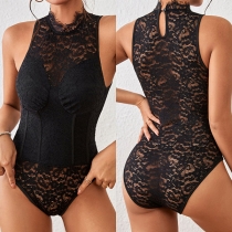 Sexy Lace Spliced Mock Neck Sleeveless Lace Bodysuit