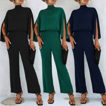 Street Fashion Solid Color Mock Neck Slit Elbow Sleeve Jumpsuit