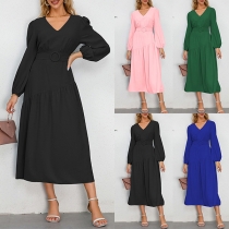 Fashion Solid Color V-neck Long Sleeve Midi Dress with Belt