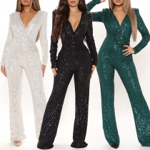 Modeblus med bling-bling paljetter, V-ringad och långärmad jumpsuit