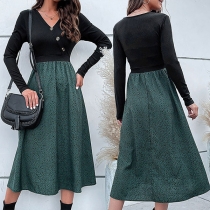 Fashion Contrast Color Buttoned V-neck Long Sleeve Printed A-line Dress