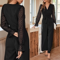 Fashion Semi-through Gauze Spliced Long Sleeve V-neck Self-tie Waist Wide-leg Jumpsuit