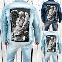 Gammaldags tvättad jeansjacka med distressed ängeltryck för män