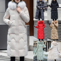 Street Fashion Warm Solid Color Long Sleeve Artificial Fur Spliced Hooded Quilted Longline Coat
