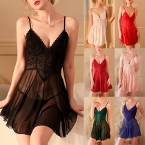 Sexy Lace Spliced Semi-through Gauze V-neck Slip Nightwear Dress