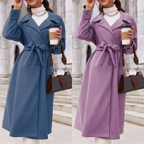 Street Fashion Solid Color Notch Lapel Long Sleeve Double Breasted Self-tie Duffle Jacket